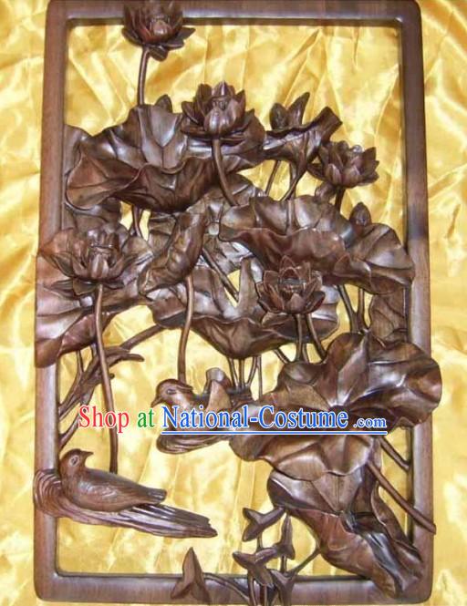 Chinese Palace Hand Carved Wooden Wall Hanging-Paddling Mandarin Ducks
