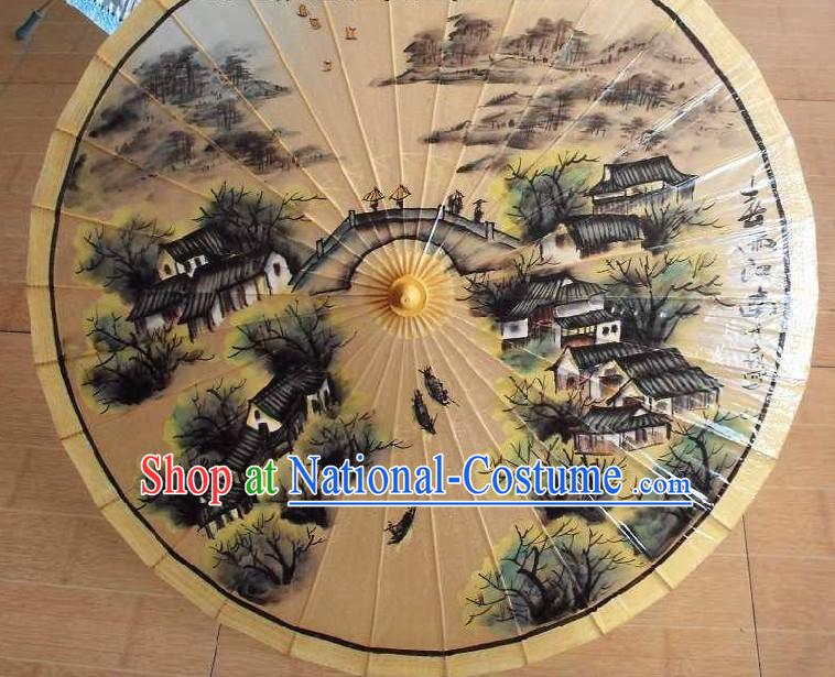 Traditional Chinese Hand Painting Beach, Rain and Sun Umbrella - Water Village