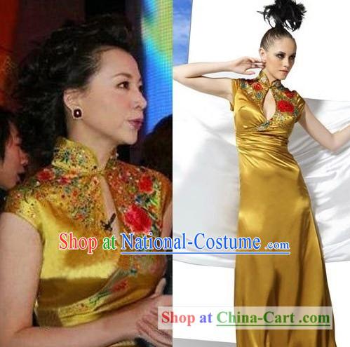 Chinese Classical Golden Silk Peony Cheongsam