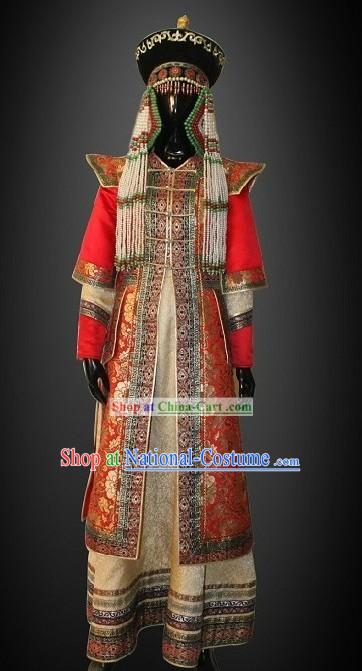 Traditional Chinese Mongolian Princess Clothing and Hat Complete Set for Women