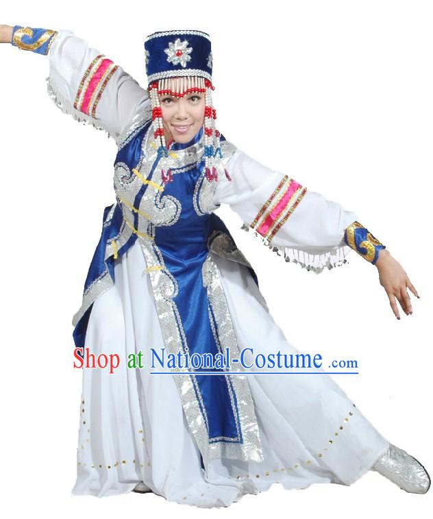Traditional Chinese Mongolian Dancing Costume and Hat for Women