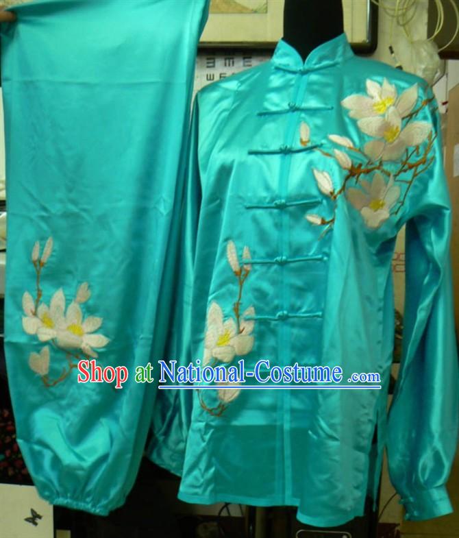 Bue Long Sleeves Lotus Embroidery Martial Arts and Tai Ji Clothing Complete Set for Men