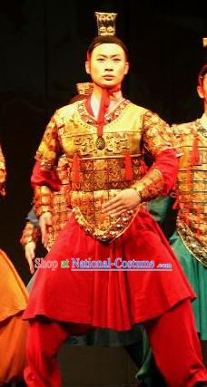 Chinese Qin Dynasty Period Terracotta Terra Cotta Warrior Hat and Dance Costumes Complete Set for Men