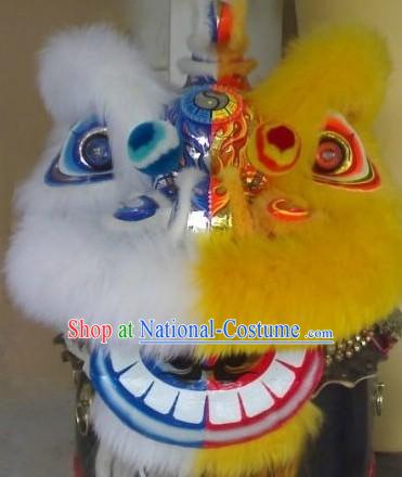 Half Yellow Half White Long Wool Hok San Lion Dance Costume Complete Set