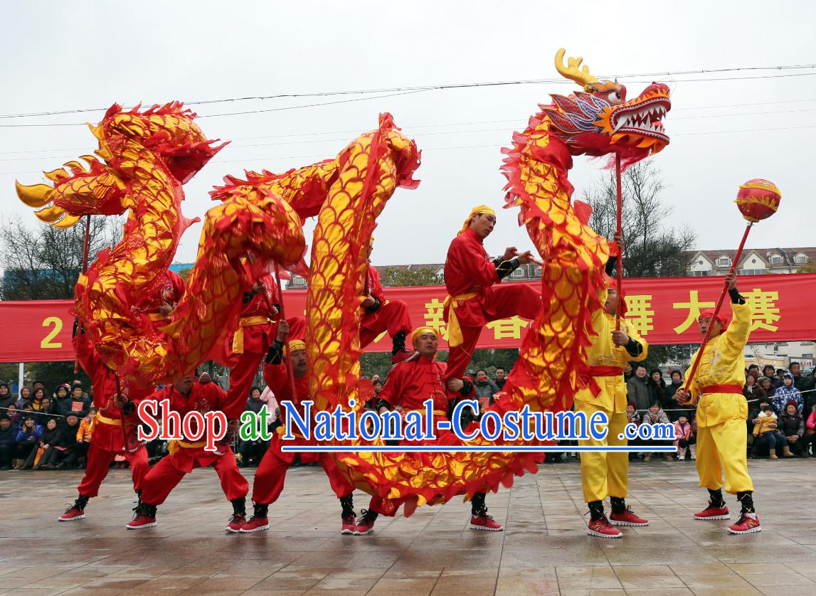NEW 18 Meters Ten Adults Competition and Parade Red Gold Dragon Dance Costume Complete Set