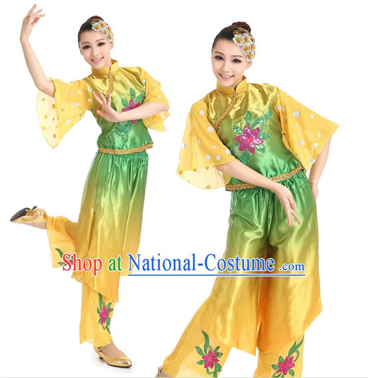Chinese Fan Dancing Costumes Apparel Dance Stores Dance Gear Dance Attire and Hair Accessories Full Set