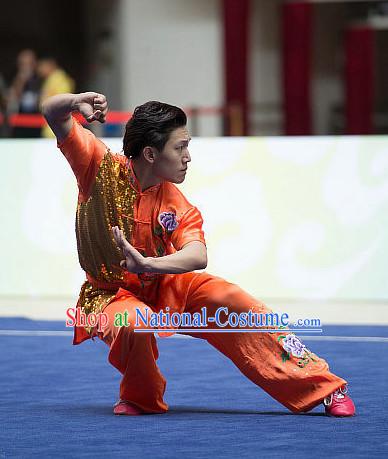 Top Orange Embroidered Chinese Southern Fist Kung Fu Uniform Martial Arts Uniforms Kungfu Suits Competition Costumes Complete Set