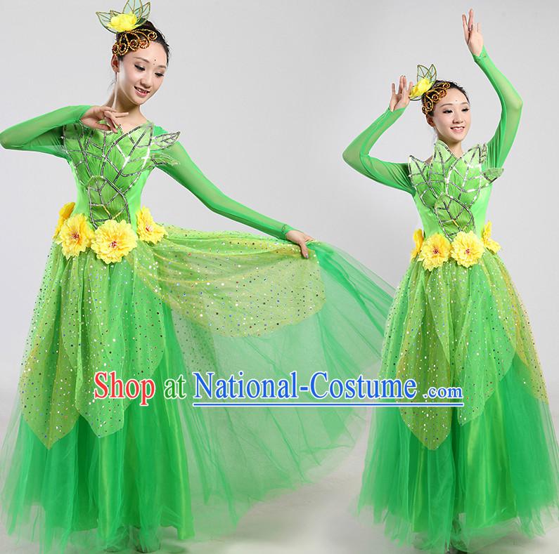 Chinese Green Leaf Dance Costumes and Headwear Complete Set for Women