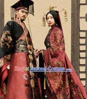 Chinese Ancient Han Dynasty Empress and Emperor Stage Costumes and Hair Accessories Complete Set
