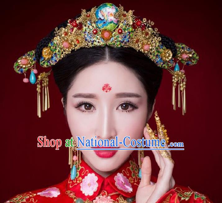 Chinese Ancient Style Hair Jewelry Accessories, Hairpins, Hanfu Xiuhe Suits Wedding Bride Headwear, Headdress, Imperial Empress Handmade Phoenix Hair Fascinators Set for Women