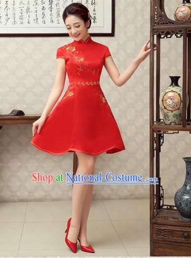 Ancient Chinese Costumes, Manchu Clothing Qipao, Hotel Etiquette Improved Short Cheongsam, Traditional Red Cheongsam Wedding Toast Dress for Bride
