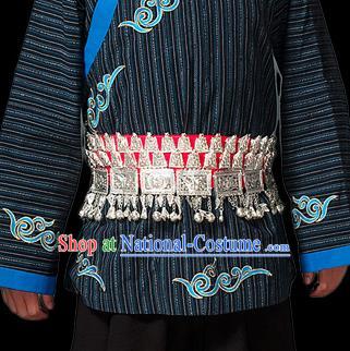 Traditional Chinese Miao Nationality Sliver Jewelry Accessories Belts, Tujiazu Ethnic Accessories, Chinese Minority Tujia Nationality Embroidery Bells Waistband for Men
