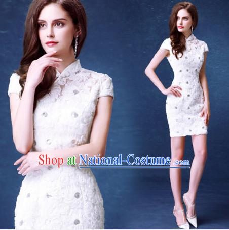 Top Tailored Romantic White Flower Short Cheongsam Chi-pao