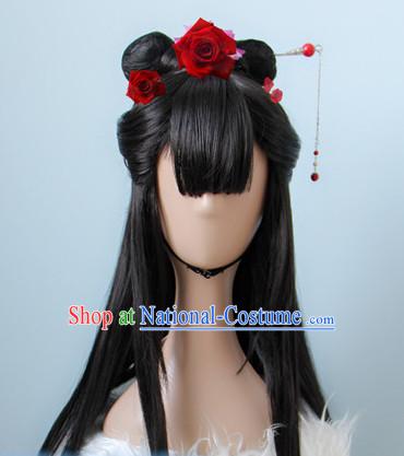 Chinese Ancient Style Long Black Hair Wig Hair Decoration Wigs Set
