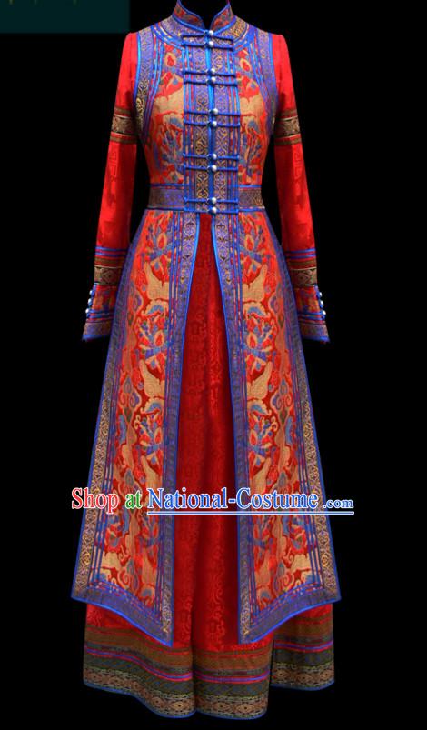 Red Mongolian Minority Empress Mongol Mongolia Princess Clothing Ethnic Traditional Costumes Complete Set