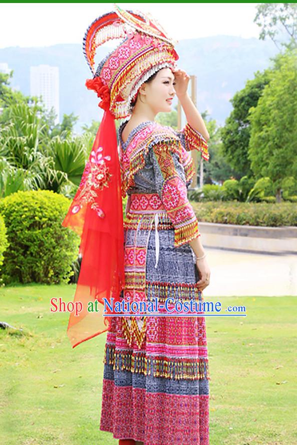 Hmong Women Minority Dresses Miao Girls Clothing Ethnic Miao Minority Dance Costume Minority Dress Dance Miao Costumes and Hat Complete Set