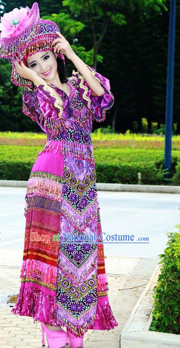 Hmong Women Minority Dresses Miao Girls Clothing Ethnic Miao Minority Dance Costume Minority Dress Dance Miao Costumes and Hat Complete Set