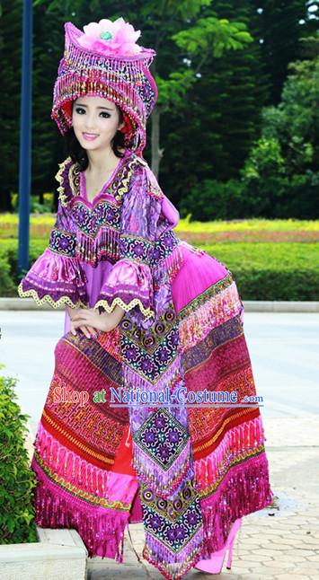 Hmong Women Minority Dresses Miao Girls Clothing Ethnic Miao Minority Dance Costume Minority Dress Dance Miao Costumes and Hat Complete Set