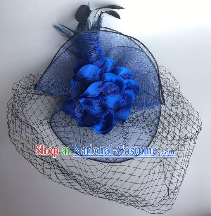 Handmade Vintage Hair Accessories Blue Veil Feather Headwear, Halloween Ceremonial Occasions Model Show Headdress