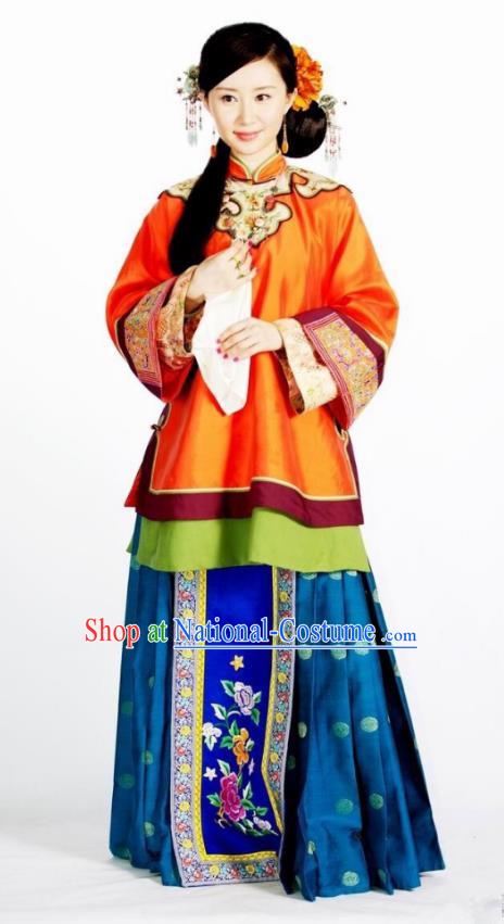 Asian Chinese Qing Dynasty Traditional Manchu Nobility Lady Embroidered Costume and Handmade Headpiece Complete Set