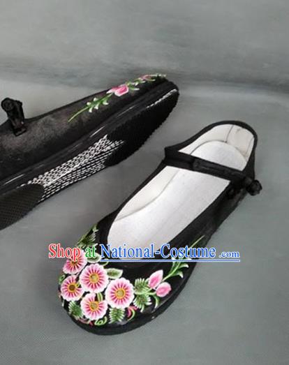Asian Chinese National Embroidered Shoes, Traditional China Handmade Shoes Hanfu Embroidery Daisy Black Shoes for Women