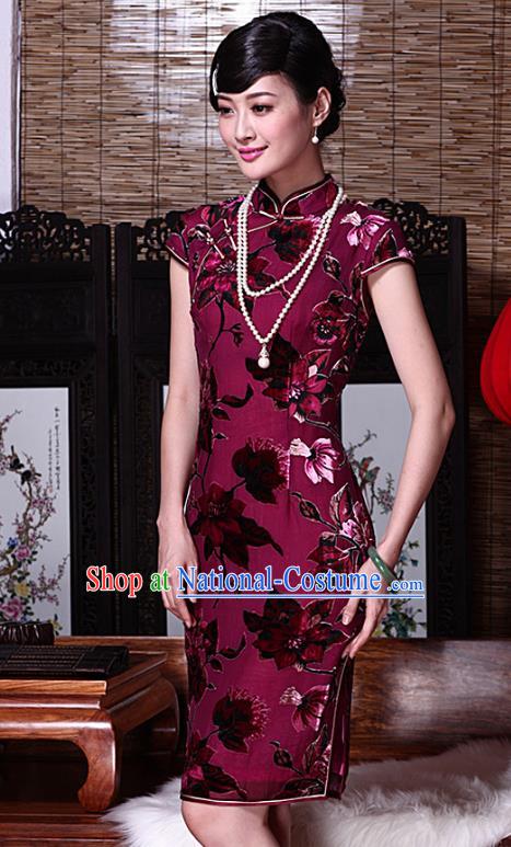 Traditional Chinese National Costume Elegant Hanfu Rosy Velour Cheongsam, China Tang Suit Plated Buttons Wedding Chirpaur Dress for Women
