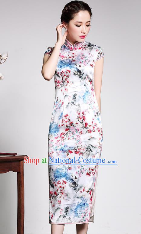 Traditional Ancient Chinese Young Lady Plated Buttons Printing Flowers Cheongsam, Asian Republic of China Silk Qipao Dress Tang Suit Clothing for Women