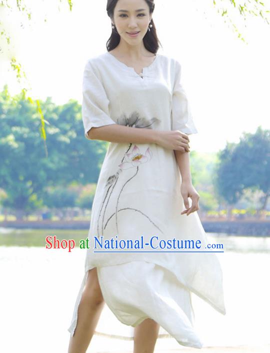 Asian China Top Grade Linen Hand Painting White Cheongsam, Traditional Chinese Tang Suit Hanfu Plated Button Qipao for Women