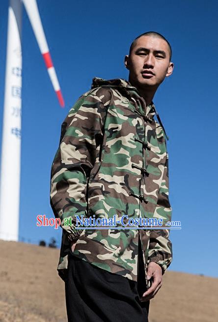 Asian China National Costume Martial Arts Kung Fu Camouflage Coat, Traditional Chinese Tang Suit Upper Outer Garment Clothing for Men