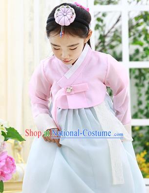 Asian Korean National Handmade Formal Occasions Embroidered Pink Blouse and Blue Dress Hanbok Costume for Kids
