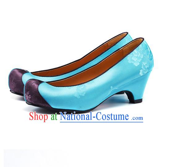 Traditional Korean National Wedding Embroidered Blue Shoes, Asian Korean Hanbok Bride Embroidery Satin Shoes for Women