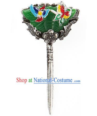 Traditional Korean National Hair Accessories Jade Butterfly Hairpins, Korean Palace Hanbok Fashion Headwear for Women