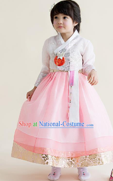 Asian Korean National Handmade Formal Occasions Wedding Girls Clothing Embroidered White Blouse and Pink Dress Palace Hanbok Costume for Kids