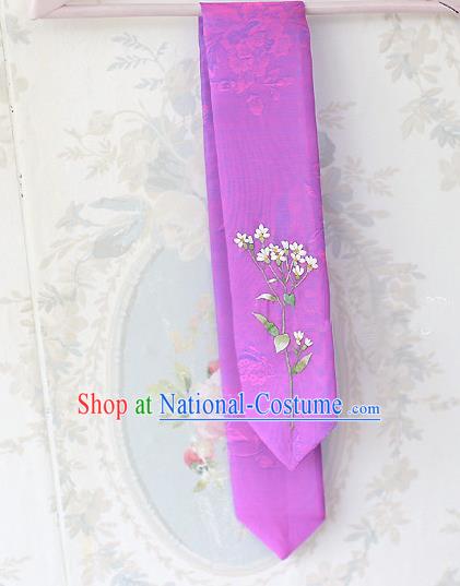 Traditional Korean Hair Accessories Embroidered Purple Hair Ribbon, Asian Korean Fashion Wedding Headband for Kids