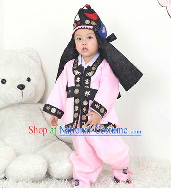 Traditional Korean Handmade Hanbok Embroidered Pink Costume and Hats, Asian Korean Apparel Hanbok Embroidery Clothing for Boys