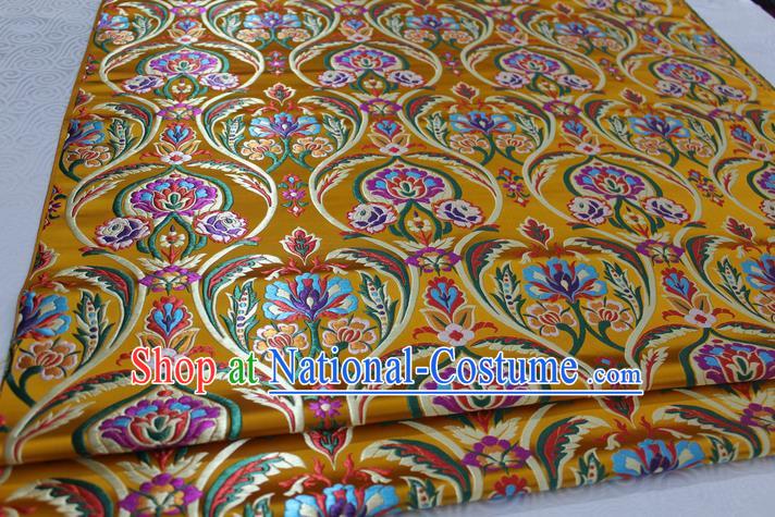 Chinese Traditional Royal Palace Flowers Pattern Golden Nanjing Brocade Mongolian Robe Fabric, Chinese Ancient Costume Satin Hanfu Tang Suit Material