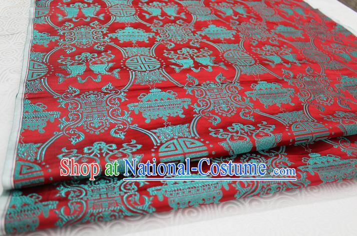 Chinese Traditional Ancient Costume Palace Double Fish Pattern Red Nanjing Brocade Cheongsam Satin Mongolian Robe Fabric Hanfu Material