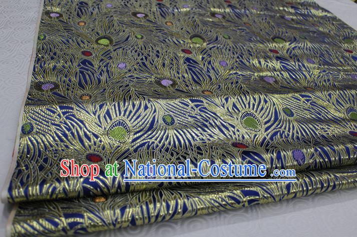 Chinese Traditional Ancient Costume Royal Palace Feather Pattern Mongolian Robe Tang Suit Blue Brocade Cheongsam Satin Fabric Hanfu Material
