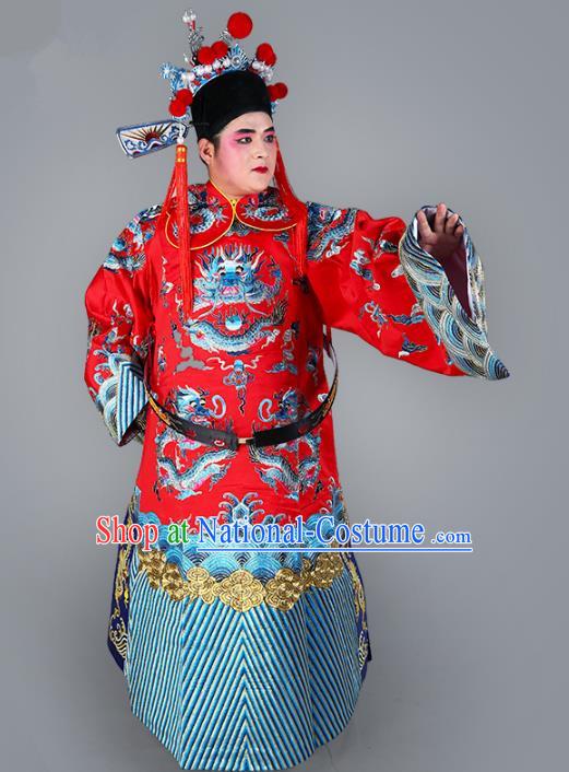 Chinese Beijing Opera Bao Zheng Costume Red Embroidered Robe, China Peking Opera Prime Minister Embroidery Dragon Gwanbok Clothing