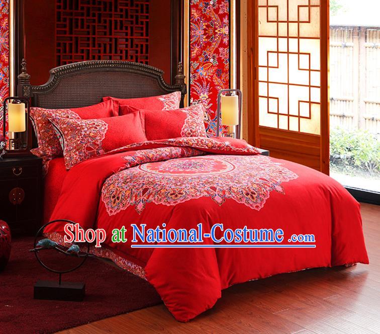 Traditional Chinese Style Wedding Bedding Set, China National Marriage Printing Flowers Red Textile Bedding Sheet Quilt Cover Seven-piece suit
