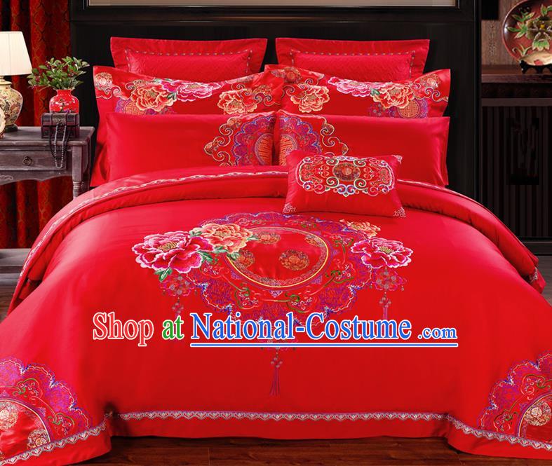 Traditional Chinese Style Wedding Bedding Set, China National Marriage Embroidery Peony Red Textile Bedding Sheet Quilt Cover Ten-piece suit