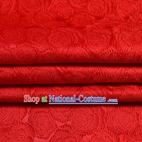 Chinese Traditional Costume Royal Palace Roses Pattern Red Satin Brocade Fabric, Chinese Ancient Clothing Drapery Hanfu Cheongsam Material