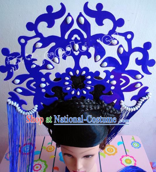 Asian Traditional China Blue Tassel Headpiece Model Show Headdress Ceremonial Occasions Hair Accessories and Wig