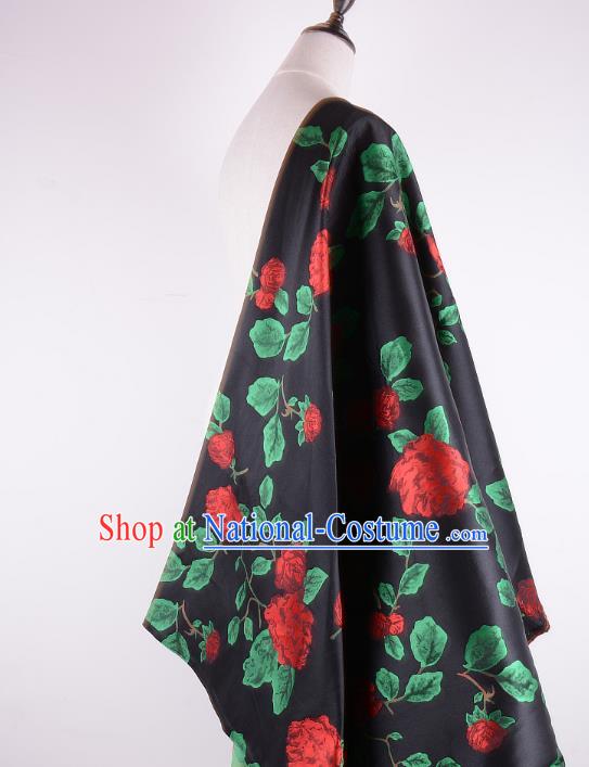 Chinese Traditional Costume Royal Palace Rose Pattern Black Brocade Fabric, Chinese Ancient Clothing Drapery Hanfu Cheongsam Material