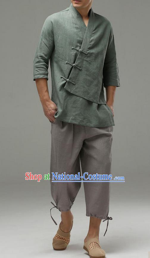 Traditional Top Chinese National Tang Suits Linen Frock Costume, Martial Arts Kung Fu Slant Opening Sleeve Pea-Green Blouse, Kung fu Plate Buttons Unlined Upper Garment, Chinese Taichi Shirts Wushu Clothing for Men