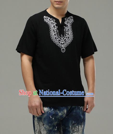 Traditional Top Chinese National Tang Suits Linen Costume, Martial Arts Kung Fu Embroidery Short Sleeve Black T-Shirt, Chinese Kung fu Plate Buttons Upper Outer Garment Blouse, Chinese Taichi Thin Shirts Wushu Clothing for Men