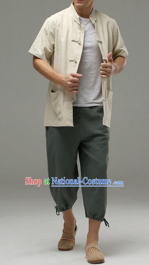 Traditional Top Chinese National Tang Suits Linen Front Opening Costume, Martial Arts Kung Fu Embroidery Short Sleeve Beige Shirt, Chinese Kung fu Plate Buttons Upper Outer Garment Blouse, Chinese Taichi Thin Shirts Wushu Clothing for Men
