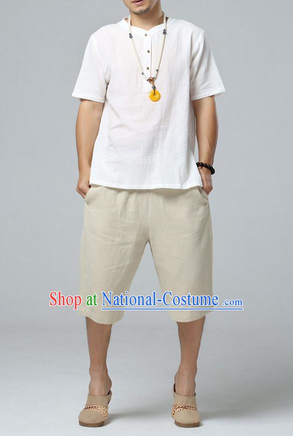 Traditional Top Chinese National Tang Suits Linen Costume, Martial Arts Kung Fu Short Sleeve White Shirt, Chinese Kung fu Brass Buttons Upper Outer Garment Blouse, Chinese Taichi Thin Shirts Wushu Clothing for Men