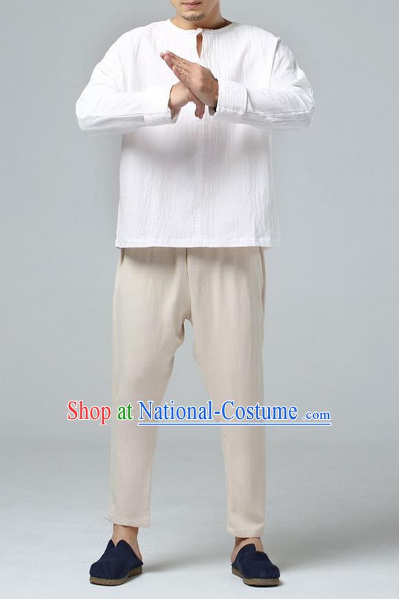 Traditional Top Chinese National Tang Suits Linen Costume, Martial Arts Kung Fu Short Sleeve White Shirt, Chinese Kung fu Plate Buttons Upper Outer Garment Blouse, Chinese Taichi Thin Shirts Wushu Clothing for Men