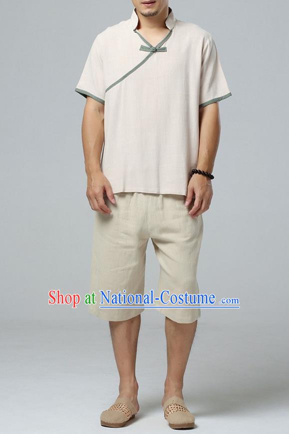 Traditional Top Chinese National Tang Suits Linen Slant Opening Costume, Martial Arts Kung Fu Short Sleeve Beige Shirt, Chinese Kung fu Plate Buttons Upper Outer Garment Blouse, Chinese Taichi Thin Shirts Wushu Clothing for Men